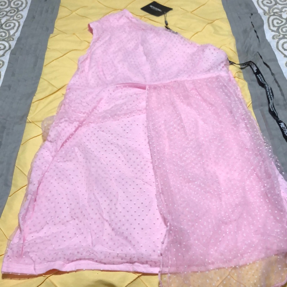 Pink Mesh Overlay One Shoulder Dress - Picture 3 of 4
